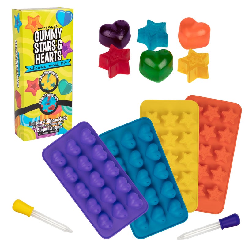 SCS Direct Star & Heart Silicone Candy Molds (4 Pack) BPA-Free Nonstick Trays w 2 Droppers for Chocolate, Ice Cubes & More- Make up to 60 Candies for Holiday Parties- Fun Winter Activity, Gift, Stocking Stuffer - Image 1